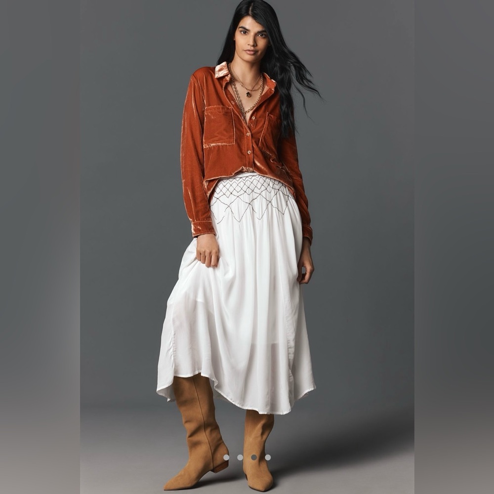 Anthropologie Pilcro Hadley Relaxed Velvet Button-Down Top Burnt Orange, size M - Picture 2 of 9